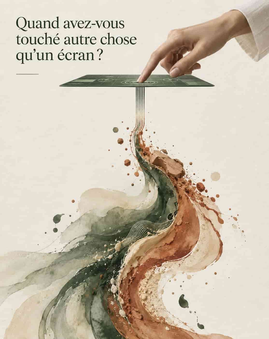 Mains en contact avec une matière artistique, argile ou pigment, loin des écrans
