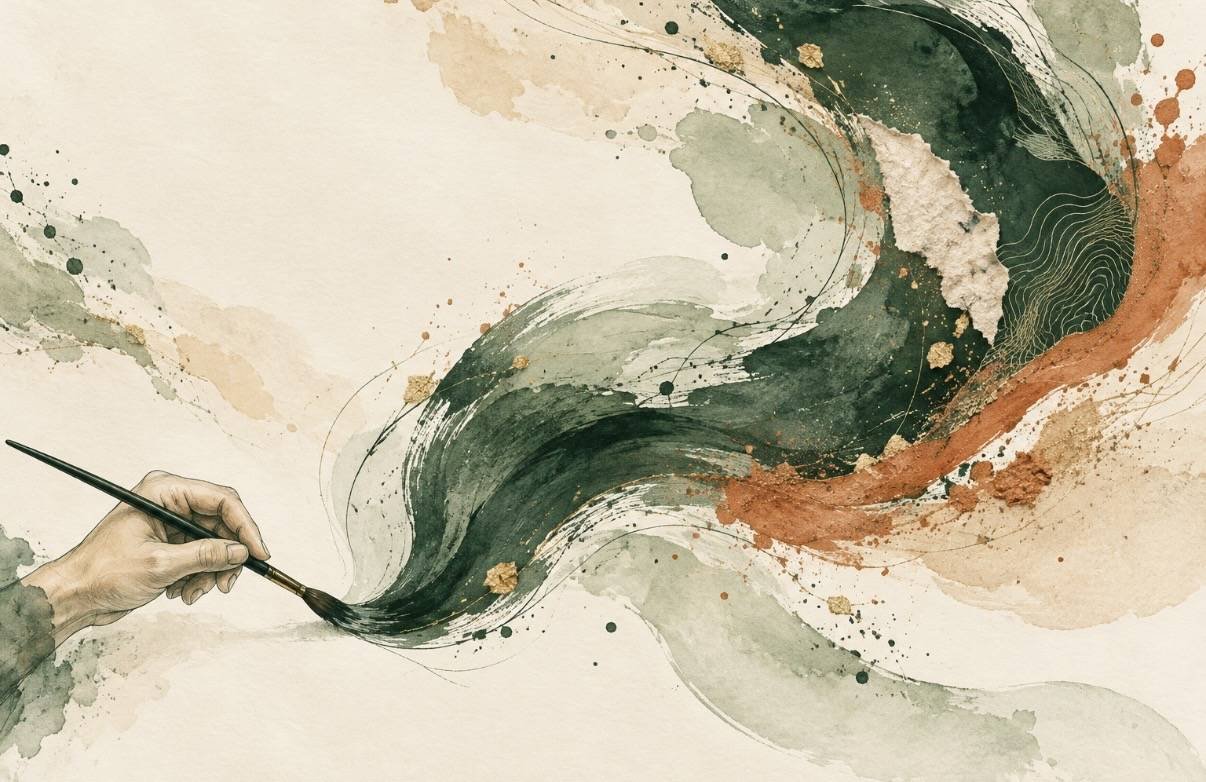 Illustration : une main tient un pinceau et trace une vague d’aquarelle vert sauge, terracotta et feuille d’or