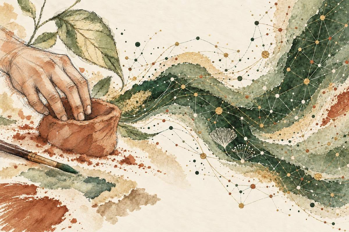 Illustration : une main modèle un petit pot d’argile près d’un pinceau, d’où s’élève une vague vert sauge traversée d’un réseau de points reliés