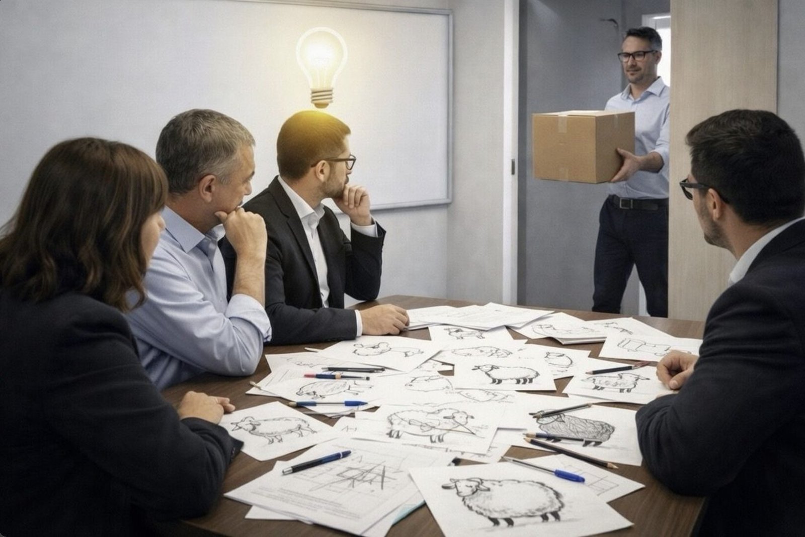 Des collaborateurs autour d'une table couverte de dessins de moutons, en pleine réflexion créative, pendant une réunion