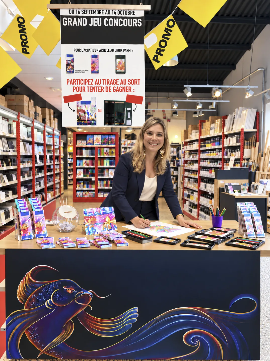 Magali Savary dessinant aux crayons de couleur lors d'une animation dans un magasin de beaux-arts, devant un comptoir orné d'un poisson qu'elle a peint